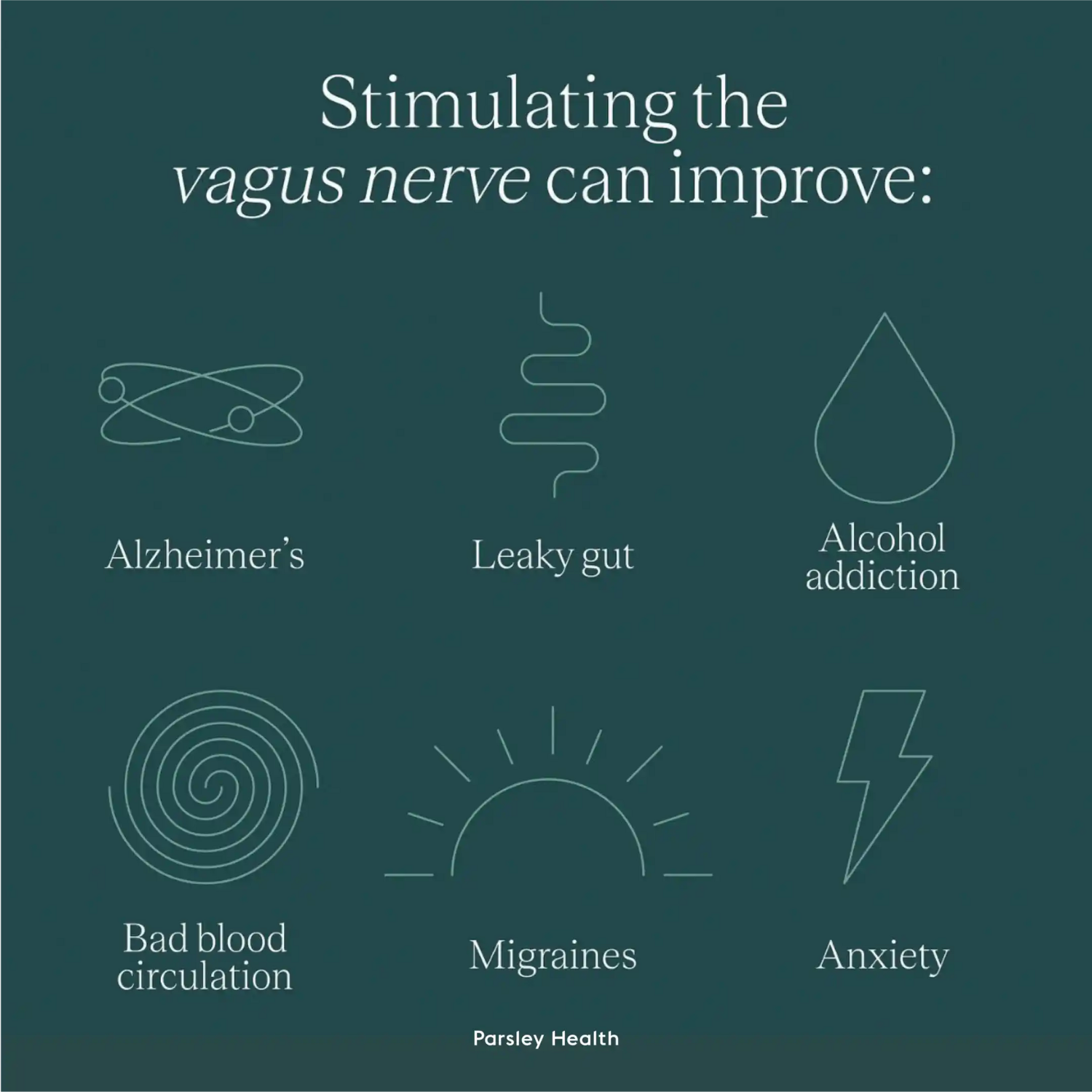 Stimulating the vagus nerve can improve: alzheimer's, leaky gut, alcohol addiction, bad blood circulation, migraines, anxiety