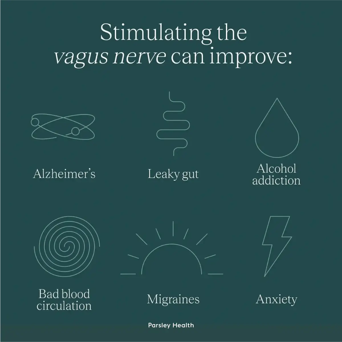 Stimulating the vagus nerve can improve: alzheimer's, leaky gut, alcohol addiction, bad blood circulation, migraines, anxiety