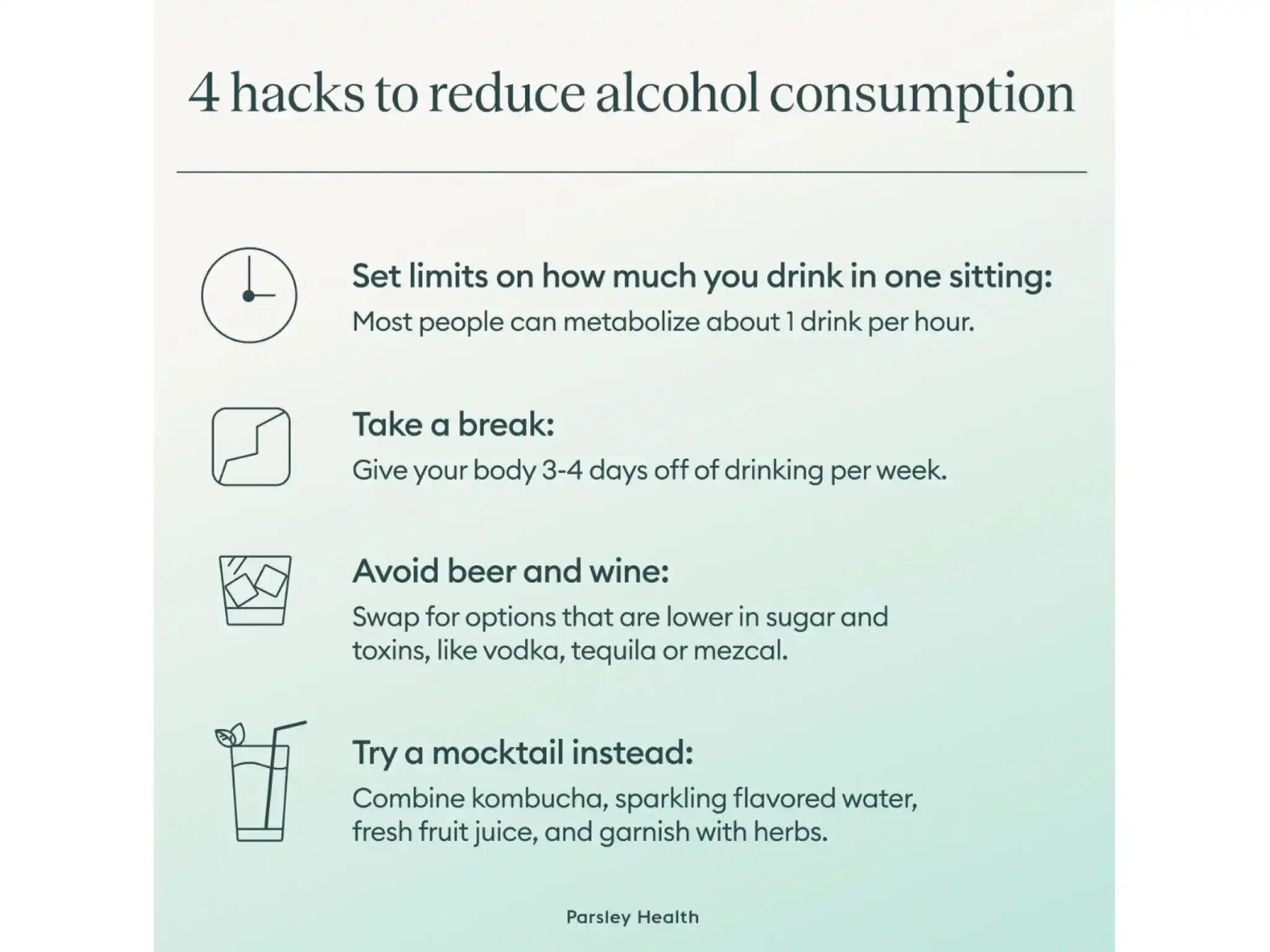 4 Hacks to reduce alcohol consumption - drink limits, taking breaks, avoid beer and wine, mocktails
